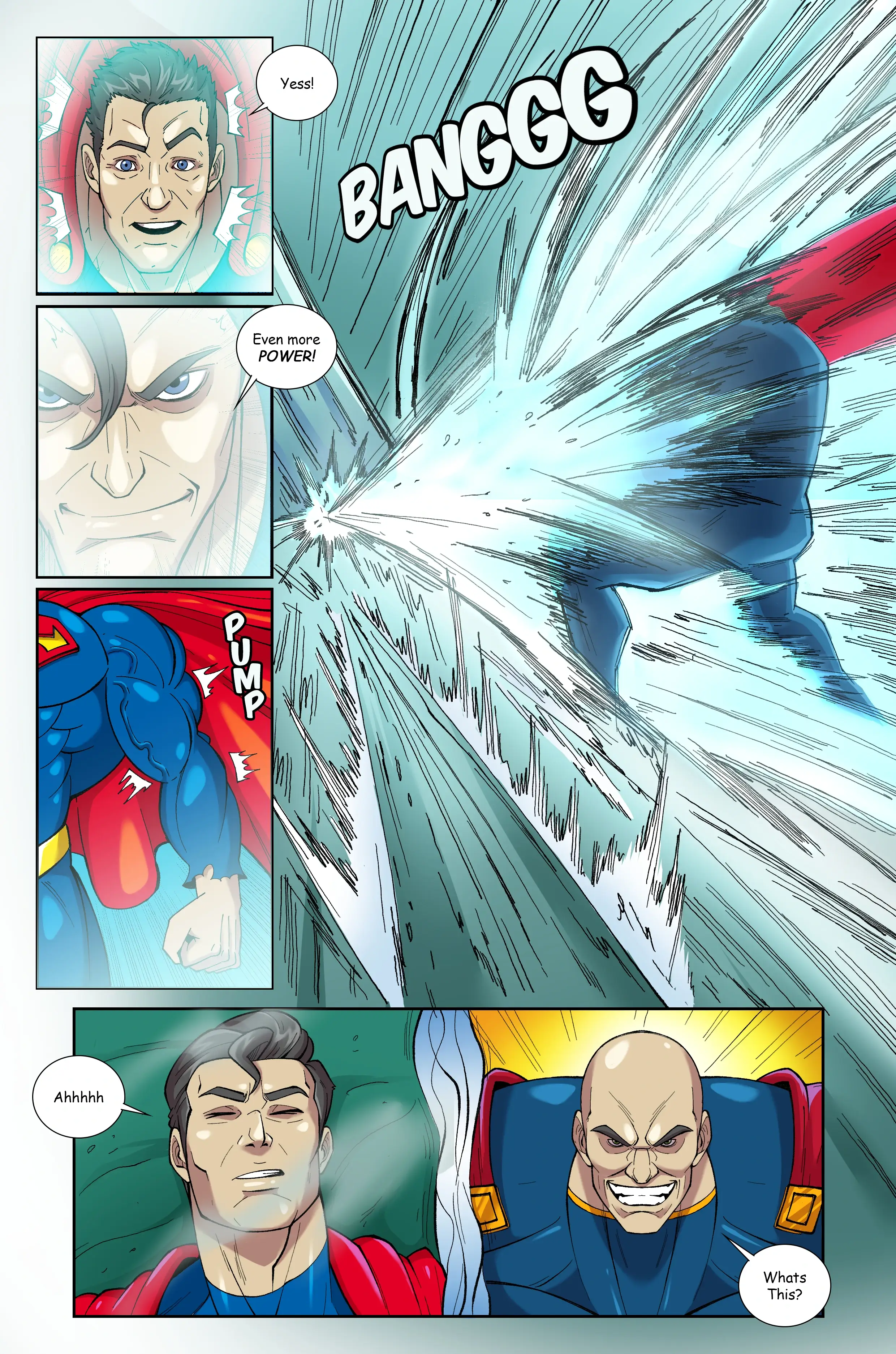 Super Lex comic panel showcasing male muscle growth and Lex Luthor's transformation.
